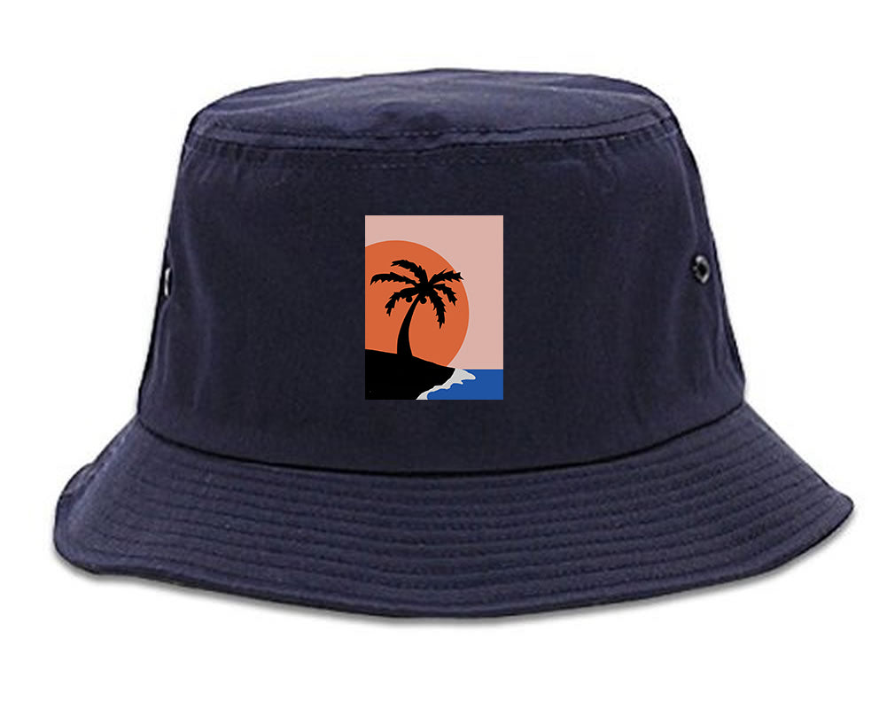 Sunset Palm Tree Vacation Mens Bucket Hat Navy Blue