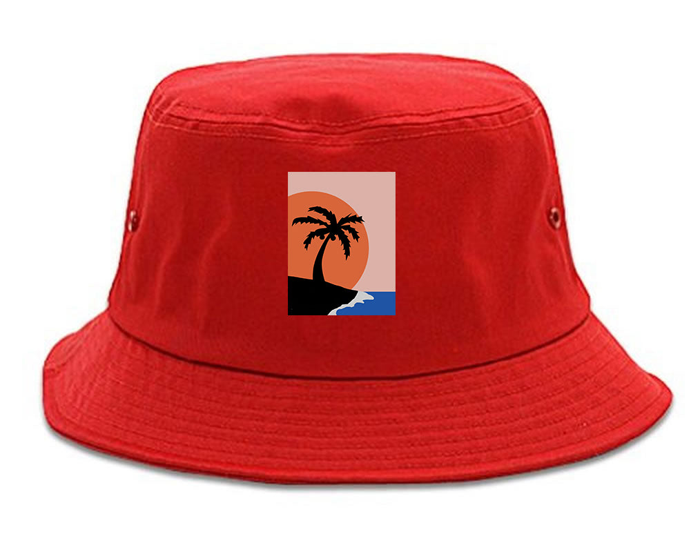 Sunset Palm Tree Vacation Mens Bucket Hat Red