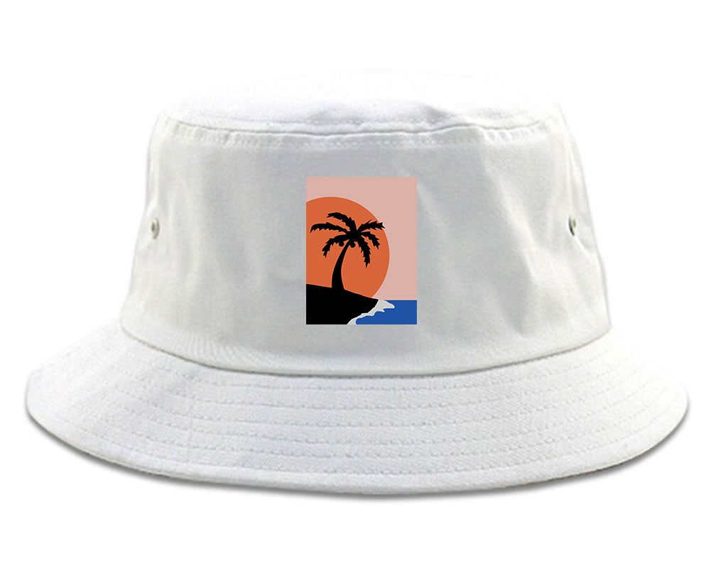 Sunset Palm Tree Vacation Mens Bucket Hat White