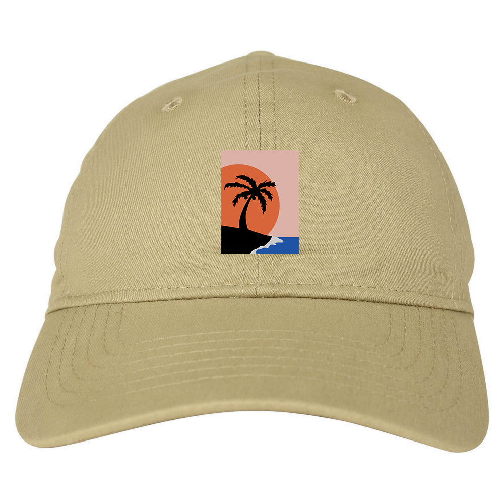 Sunset Palm Tree Vacation Mens Dad Hat Baseball Cap Tan