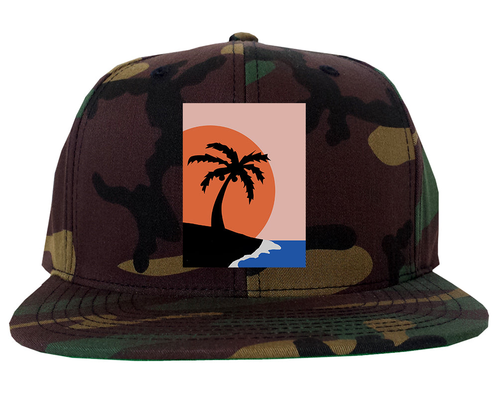 Sunset Palm Tree Vacation Mens Snapback Hat Camo