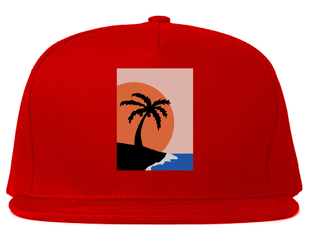 Sunset Palm Tree Vacation Mens Snapback Hat Red