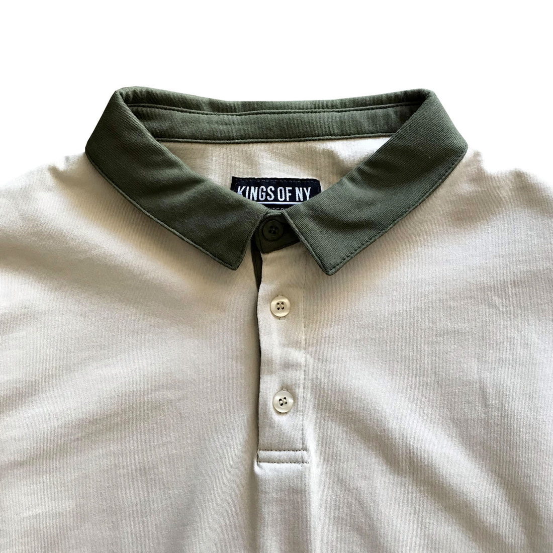 Tan and Olive Green Colorblock Mens Long Sleeve Polo Rugby Shirt Detail