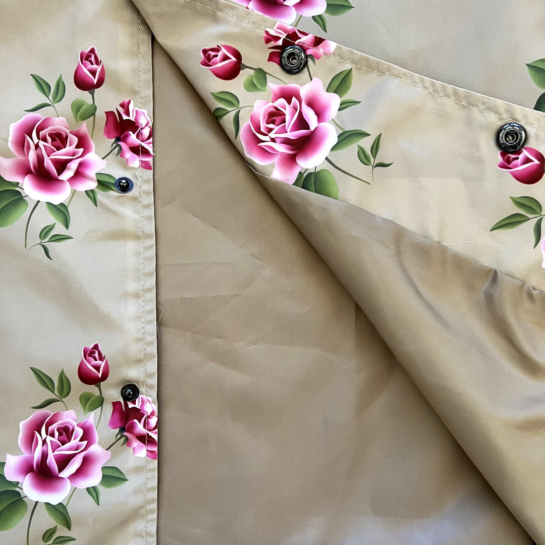 Tan Pink Rose Floral Print Mens Coaches Jacket Lining