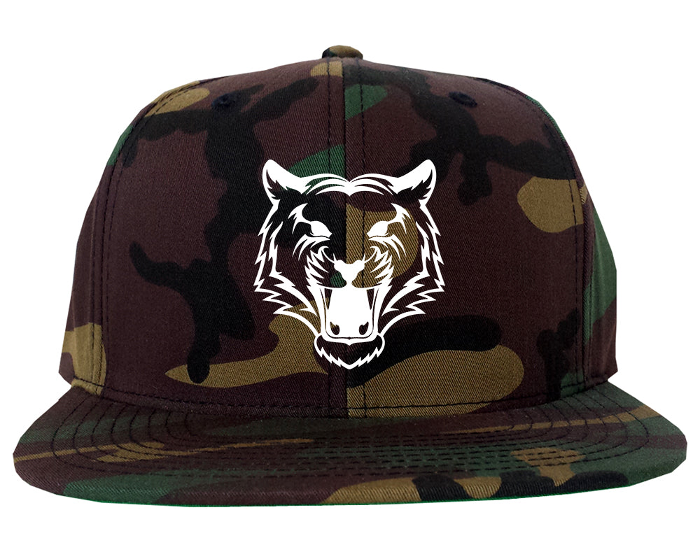 Tiger Face Outline Mens Snapback Hat Green Camo