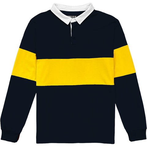 Traditional Navy Blue And Yellow Striped Mens Long Sleeve Rugby Shirt