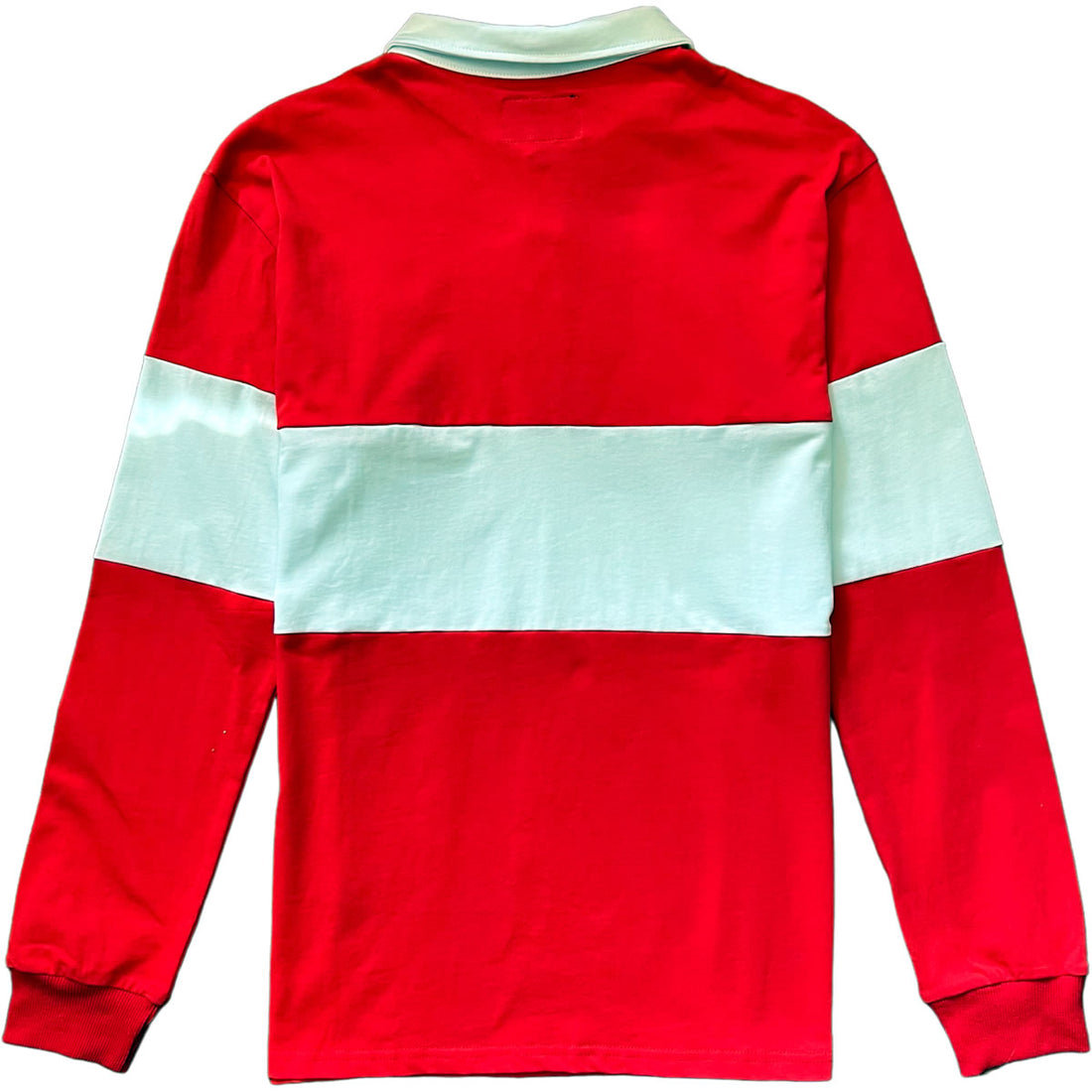 Traditional Red and White Striped Mens Long Sleeve Rugby Shirt Back