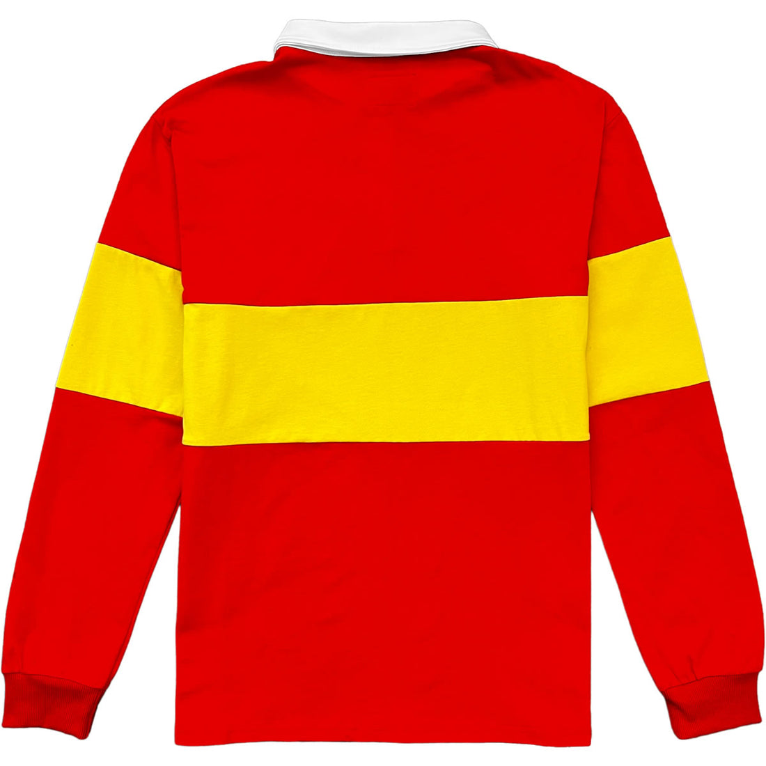 Traditional Red And Yellow Striped Mens Long Sleeve Rugby Shirt Back