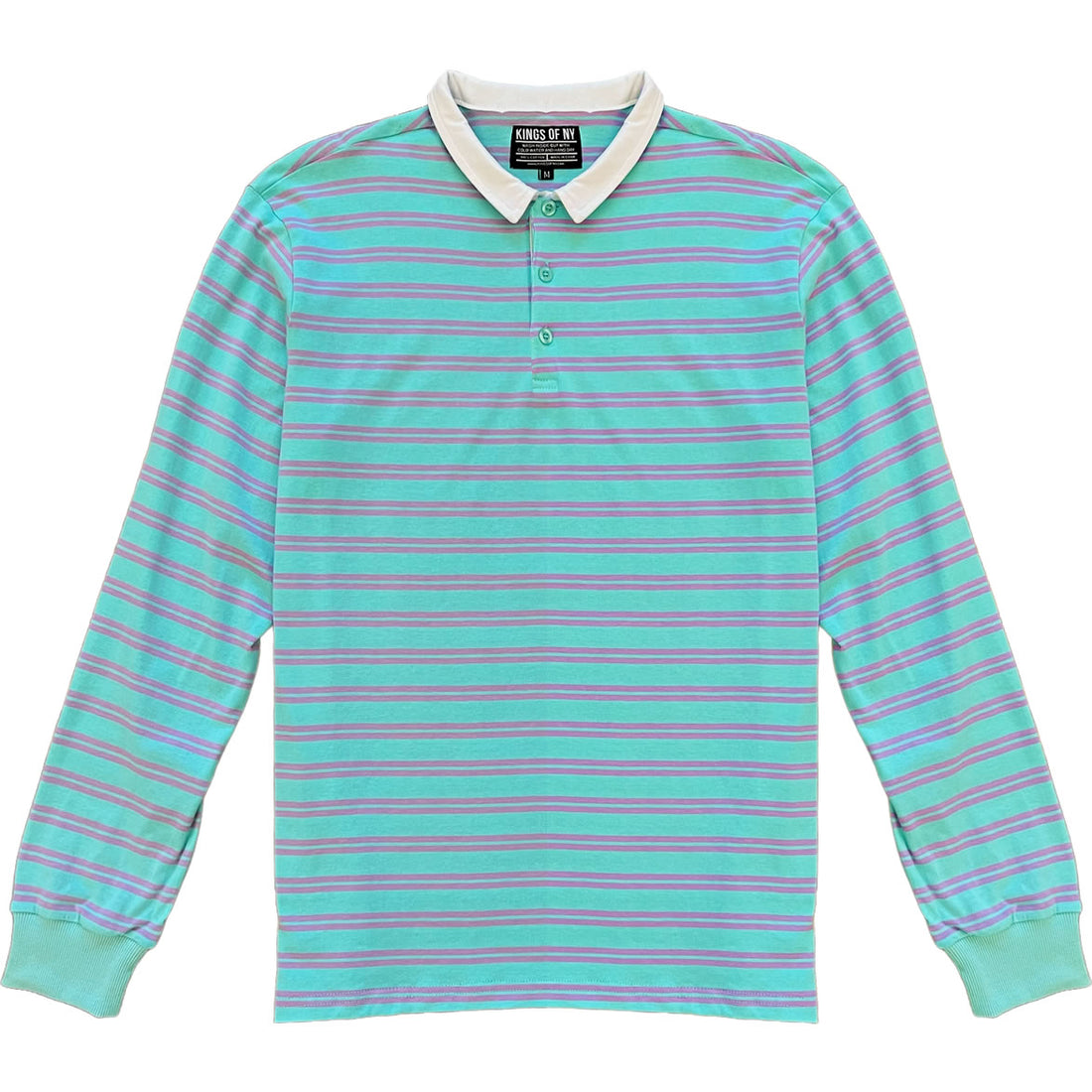 Turquoise Blue And Purple Double Striped Mens Long Sleeve Rugby Shirt