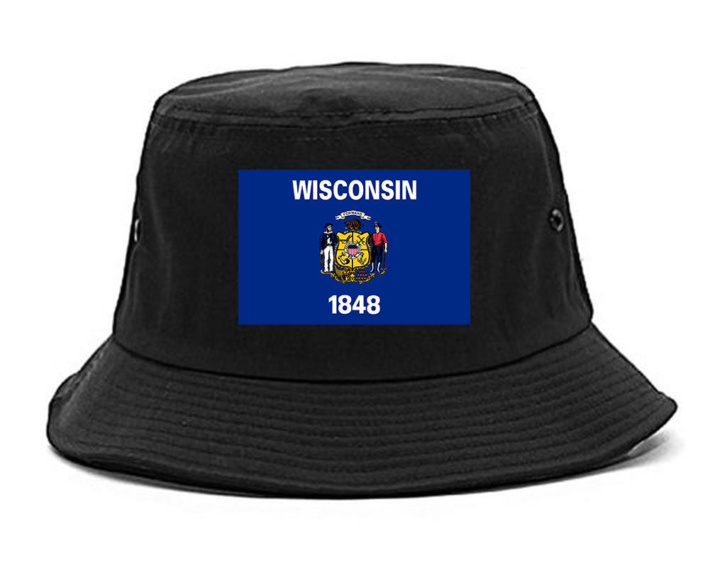 Wisconsin State Flag WI Chest Mens Bucket Hat Black