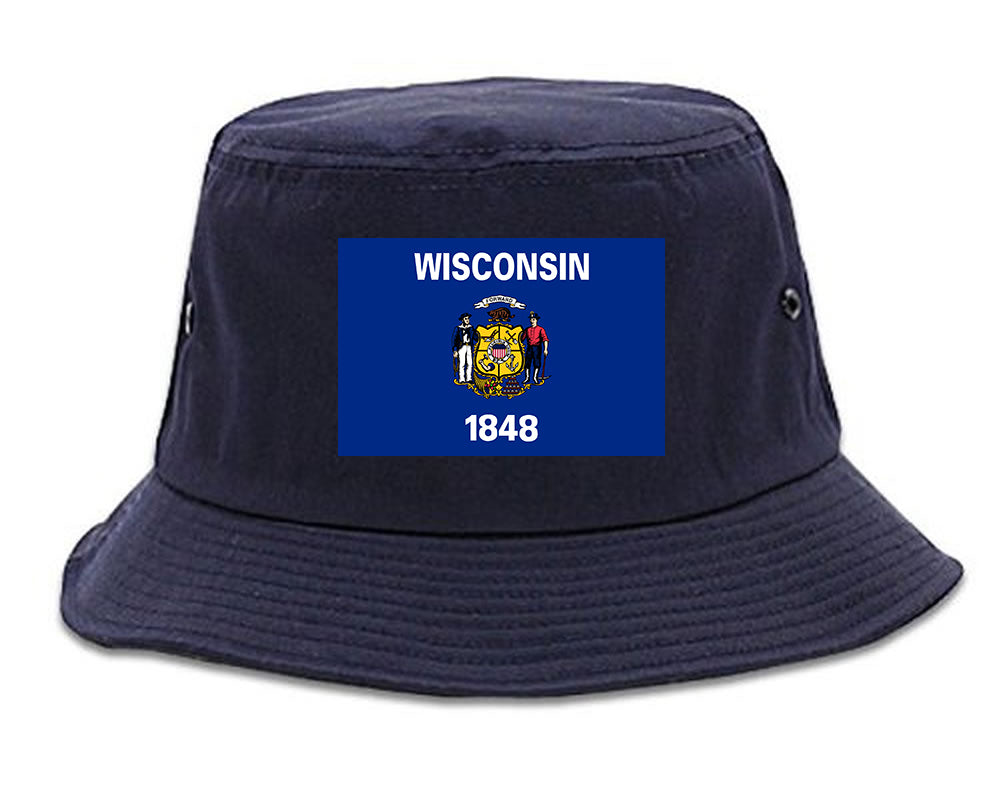 Wisconsin State Flag WI Chest Mens Bucket Hat Navy Blue