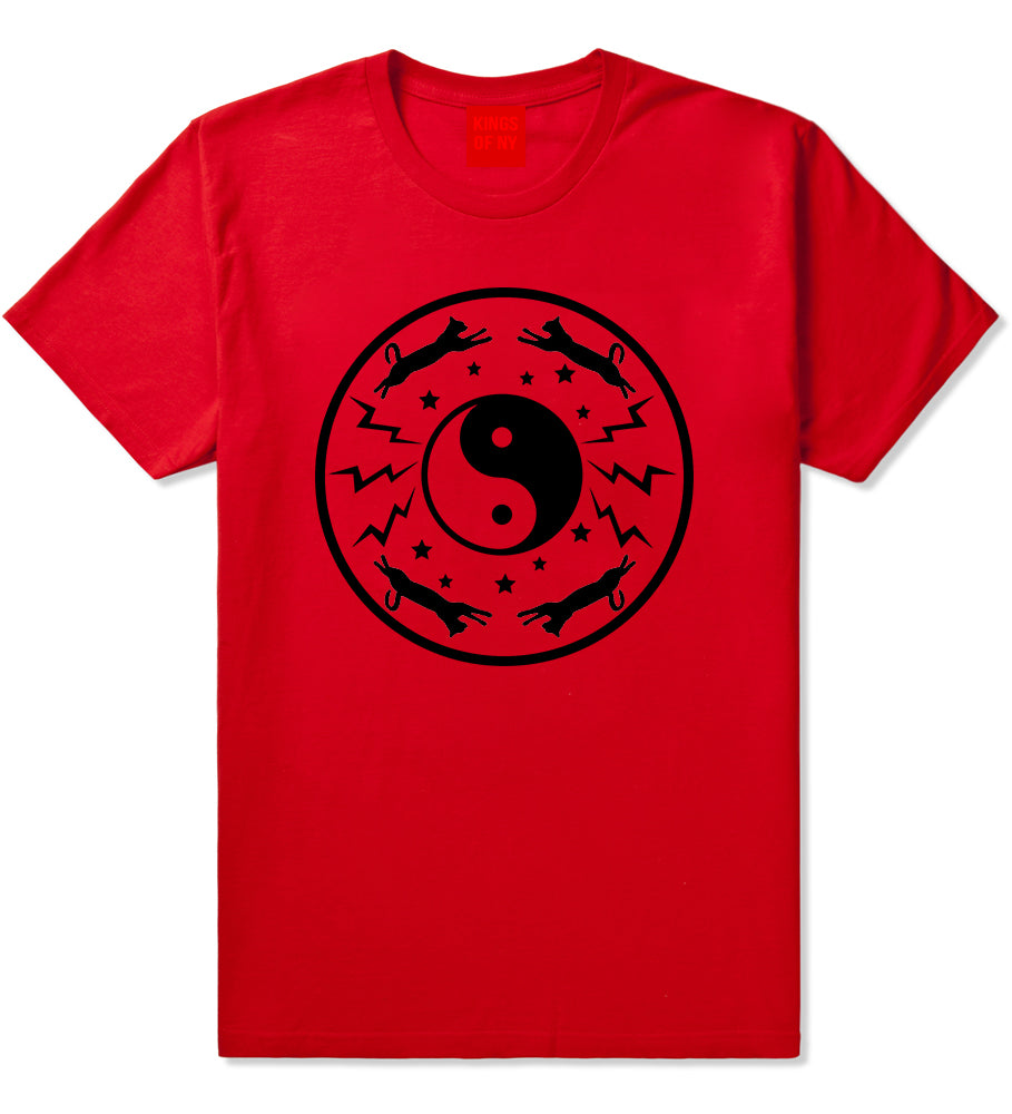Yin And Yang Cat Galaxy Mens T-Shirt Red
