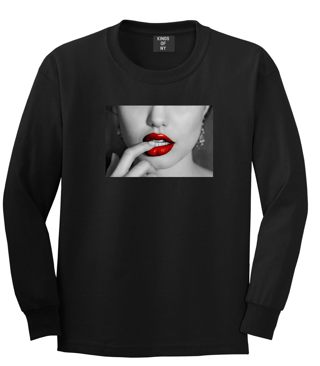  Angelina Red by Kings Of NY Lips Jolie Sexy Hot Picture Long Sleeve T-Shirt In Black by Kings Of NY