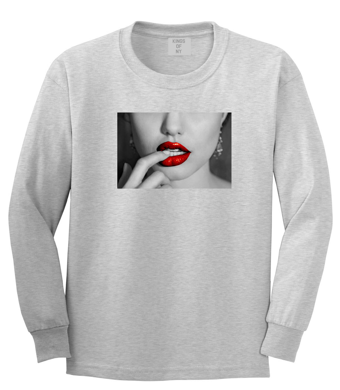  Angelina Red by Kings Of NY Lips Jolie Sexy Hot Picture Long Sleeve T-Shirt In Grey by Kings Of NY