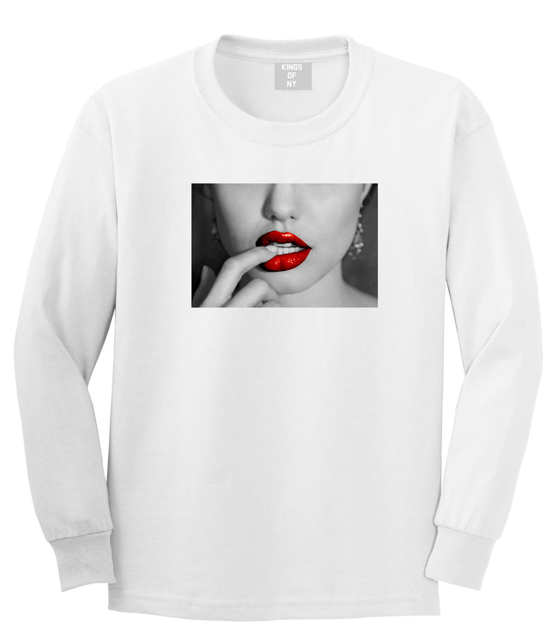  Angelina Red by Kings Of NY Lips Jolie Sexy Hot Picture Long Sleeve T-Shirt in White by Kings Of NY