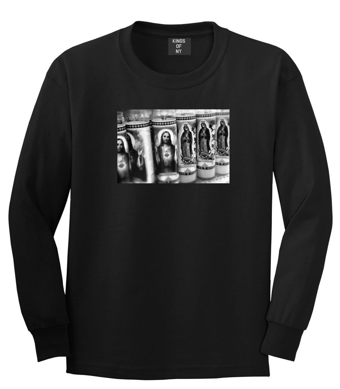 Candles Religious God Jesus Mary Fire NYC Long Sleeve Boys Kids T-Shirt In Black by Kings Of NY
