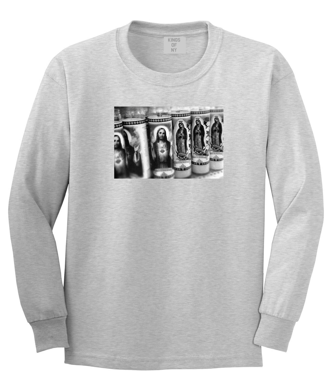 Candles Religious God Jesus Mary Fire NYC Long Sleeve Boys Kids T-Shirt In Grey by Kings Of NY