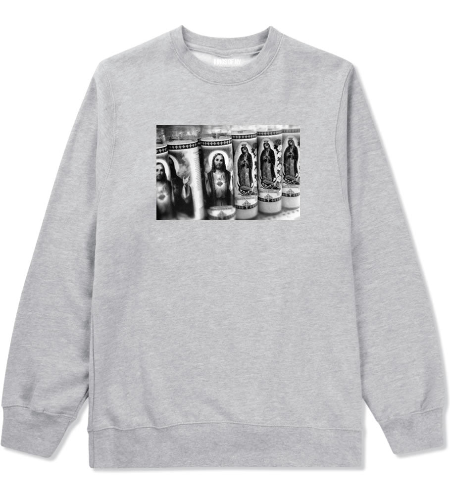Candles Religious God Jesus Mary Fire NYC Crewneck Sweatshirt In Grey by Kings Of NY
