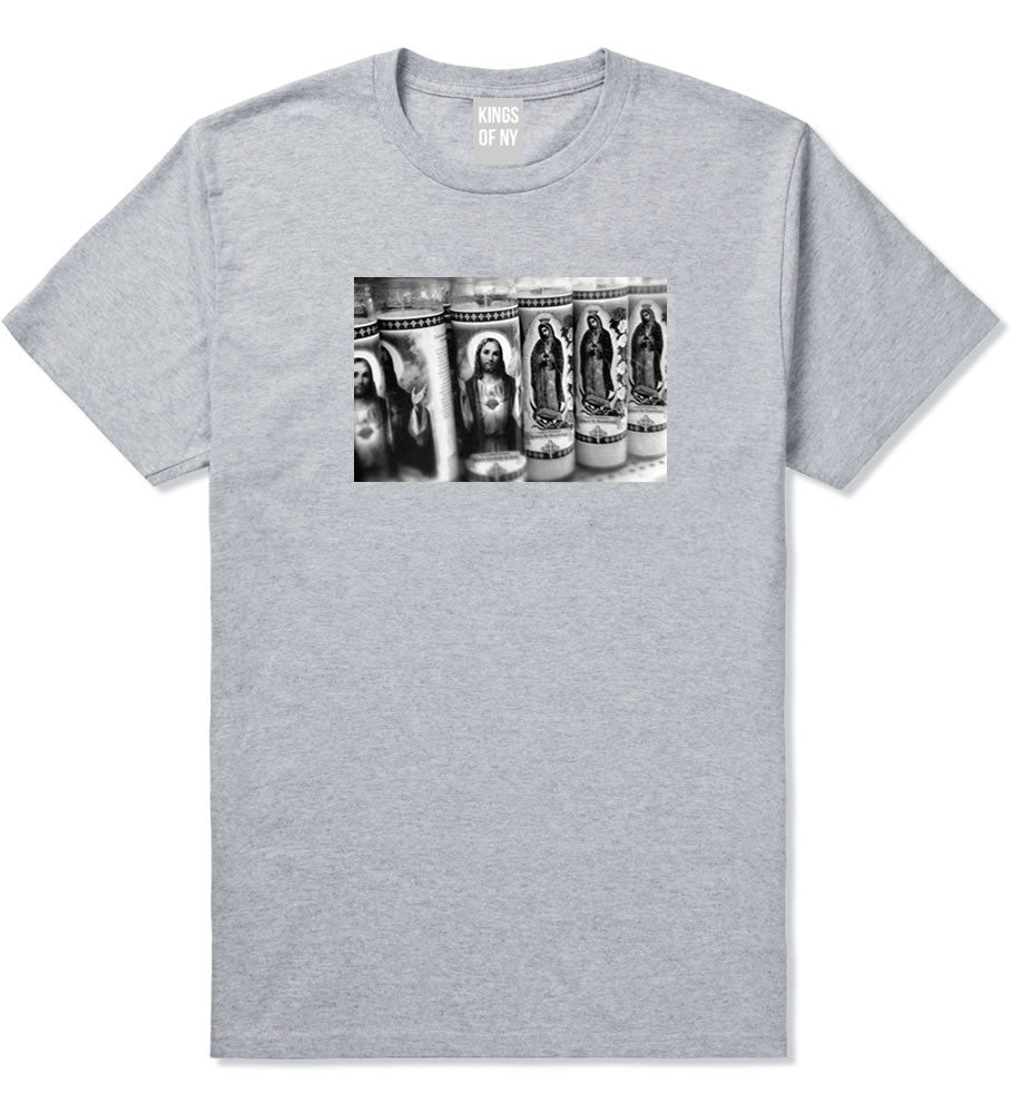 Candles Religious God Jesus Mary Fire NYC T-Shirt In Grey by Kings Of NY