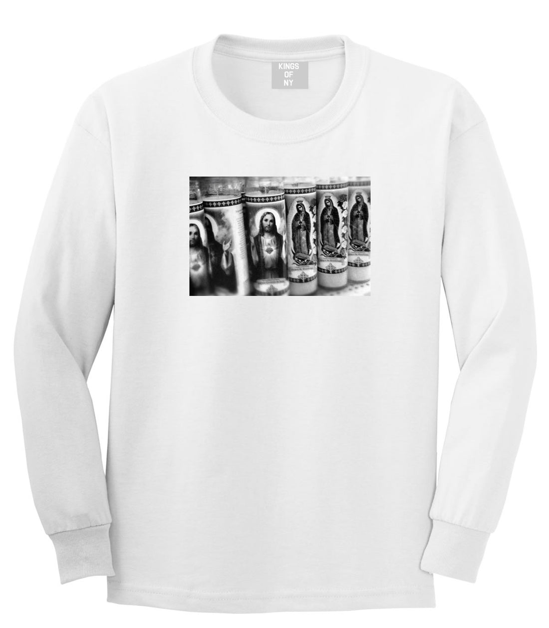 Candles Religious God Jesus Mary Fire NYC Long Sleeve T-Shirt in White by Kings Of NY