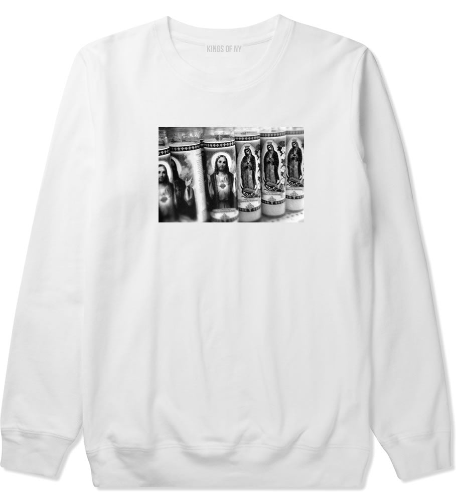 Candles Religious God Jesus Mary Fire NYC Crewneck Sweatshirt in White by Kings Of NY