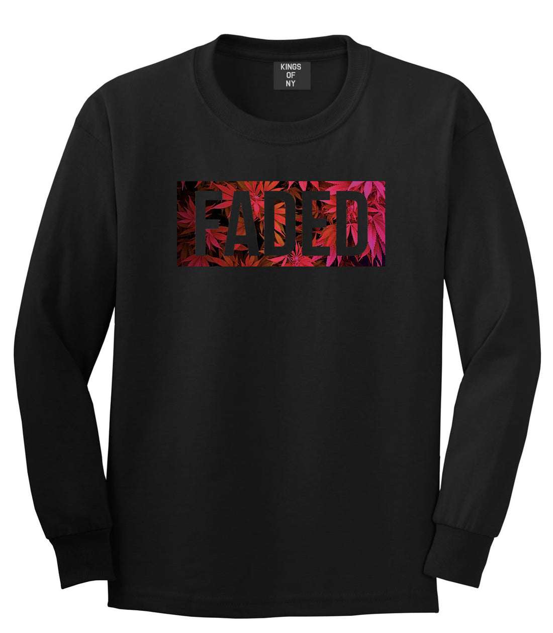 Faded Red and Pink Marijuana Weed Long Sleeve T-Shirt in Black by Kings Of NY