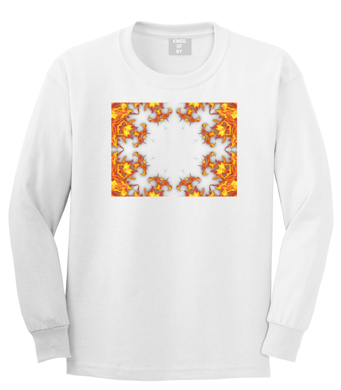Flames of Fire Gold Frame Long Sleeve T-Shirt in White By Kings Of NY