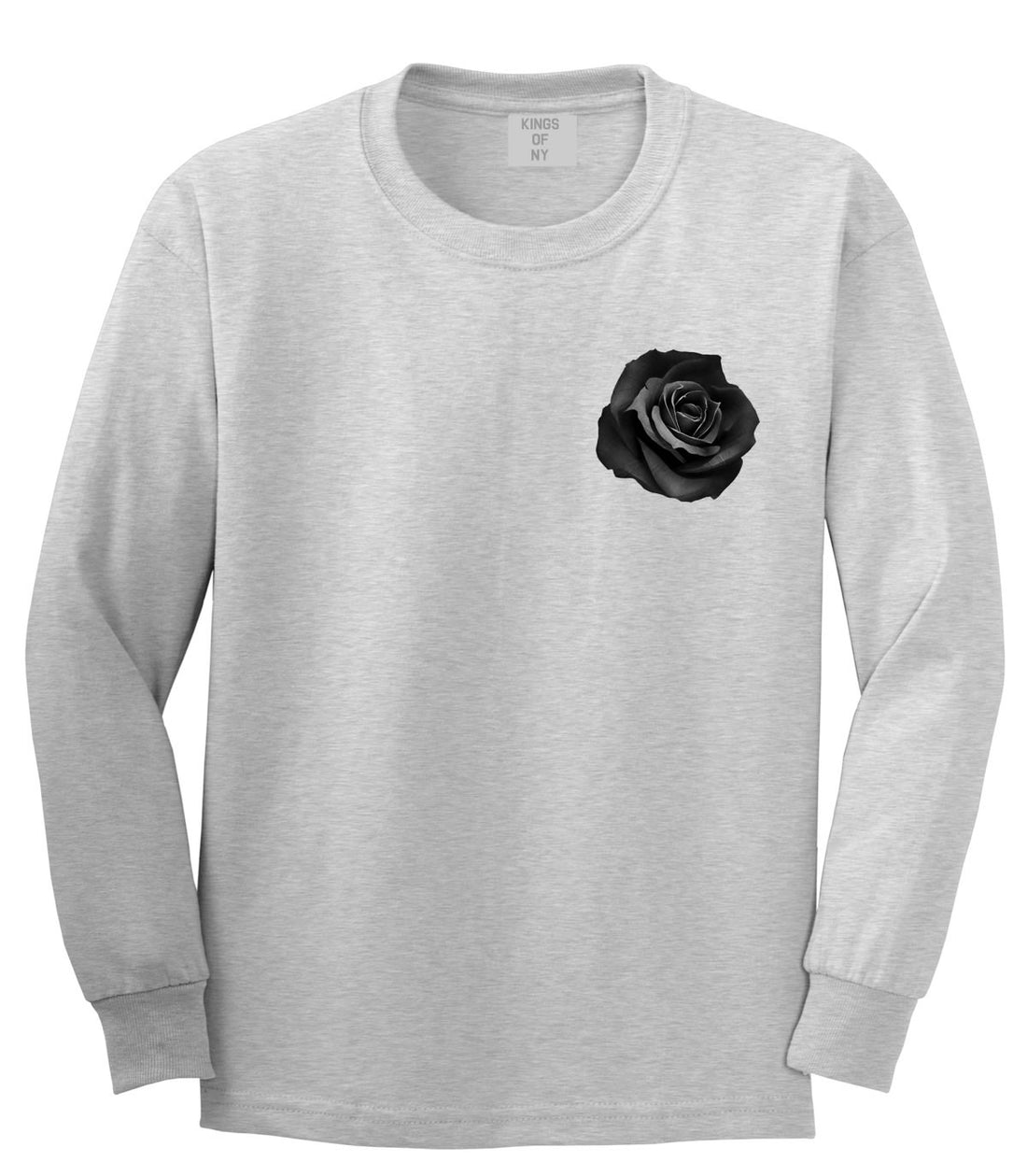 Black Noir Rose Flower Chest Logo Long Sleeve T-Shirt in Grey By Kings Of NY