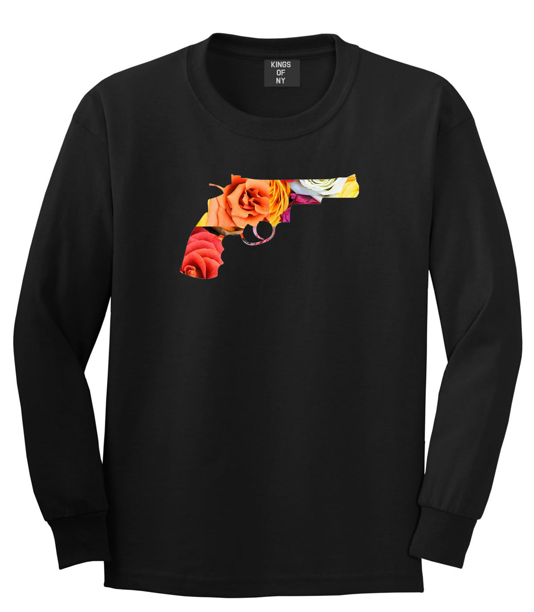 Floral Gun Flower Print Colt 45 Revolver Long Sleeve T-Shirt In Black by Kings Of NY