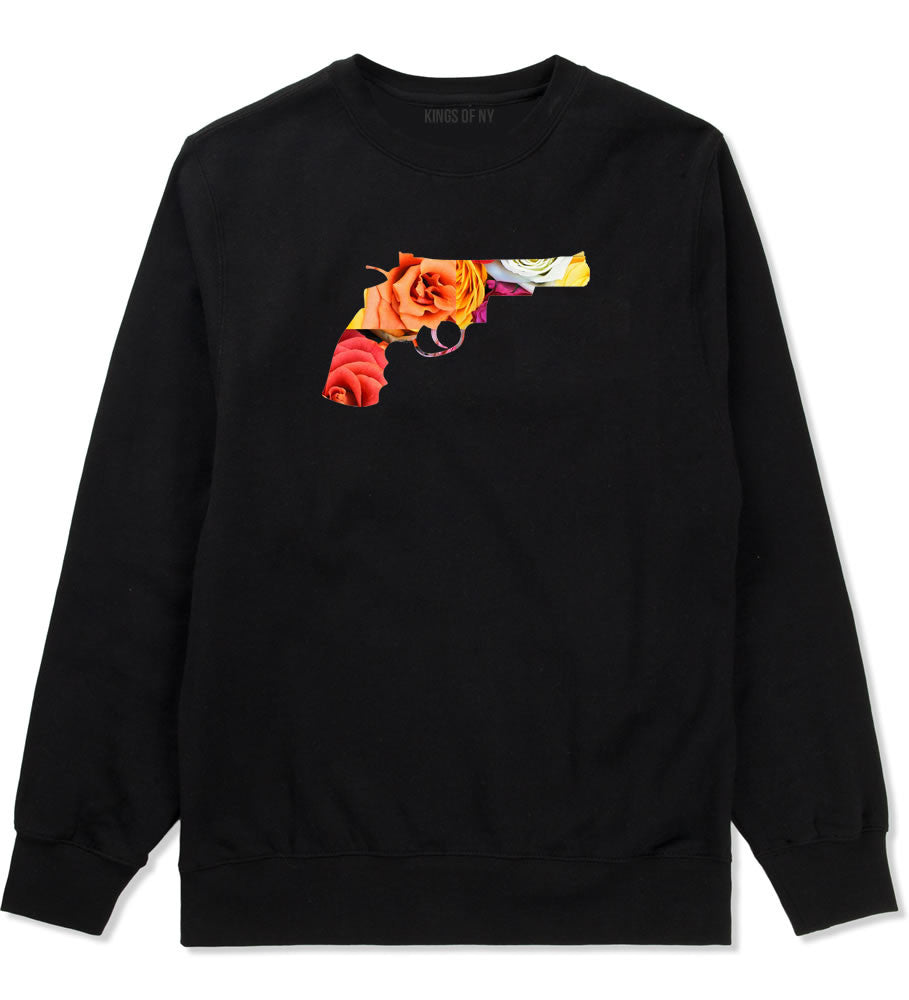 Floral Gun Flower Print Colt 45 Revolver Boys Kids Crewneck Sweatshirt In Black by Kings Of NY