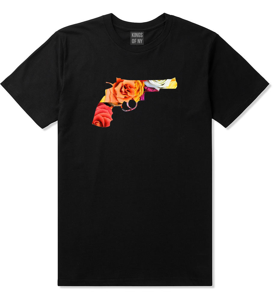 Floral Gun Flower Print Colt 45 Revolver Boys Kids T-Shirt In Black by Kings Of NY