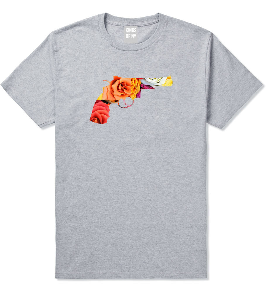 Floral Gun Flower Print Colt 45 Revolver T-Shirt In Grey by Kings Of NY