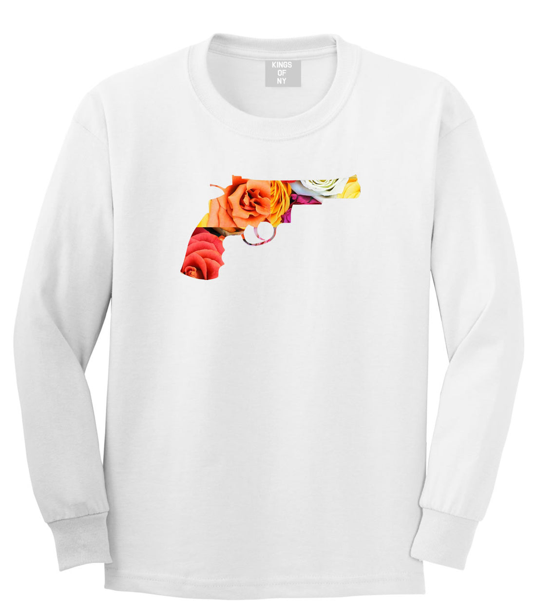 Floral Gun Flower Print Colt 45 Revolver Long Sleeve T-Shirt in White by Kings Of NY