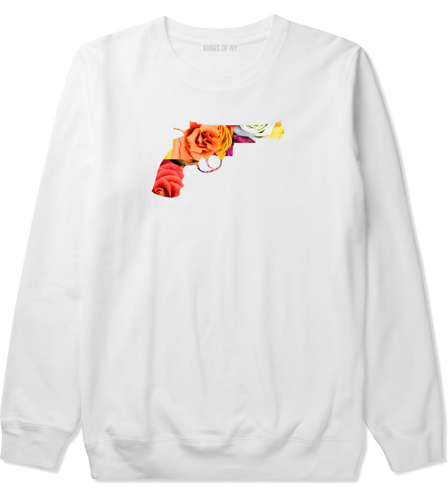 Floral Gun Flower Print Colt 45 Revolver Crewneck Sweatshirt in White by Kings Of NY