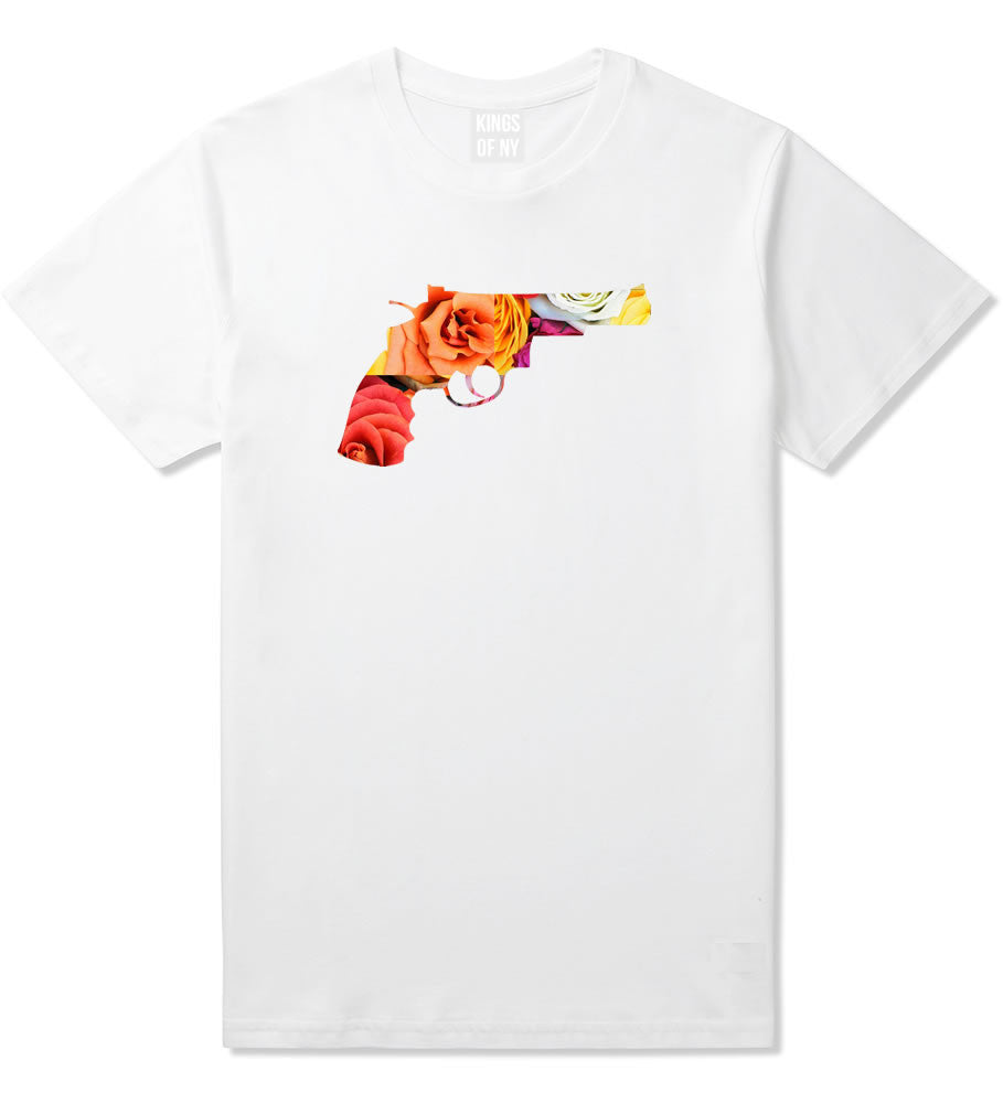 Floral Gun Flower Print Colt 45 Revolver Boys Kids T-Shirt In White by Kings Of NY