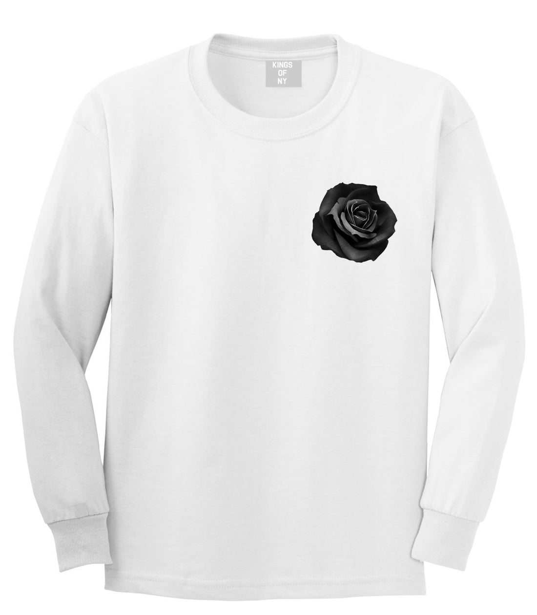 Black Noir Rose Flower Chest Logo Long Sleeve T-Shirt in White By Kings Of NY