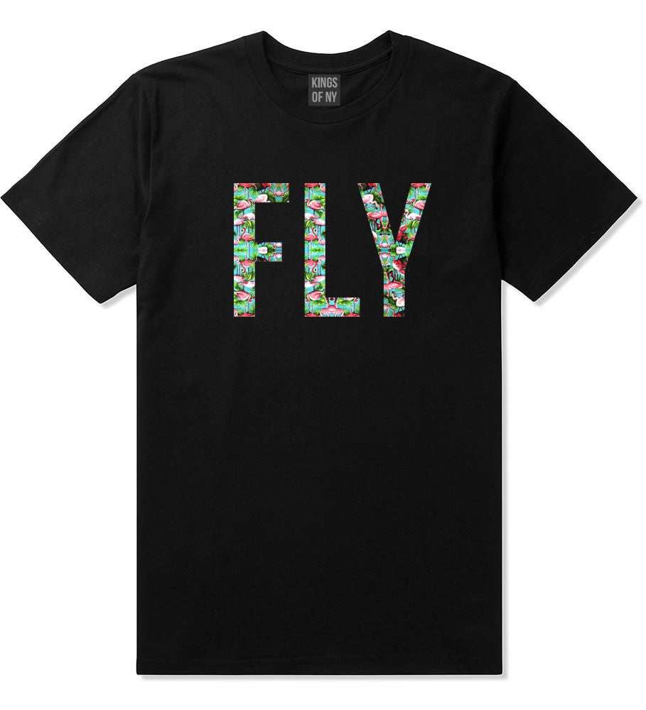 FLY Flamingo Print Summer Wild Society T-Shirt In Black by Kings Of NY