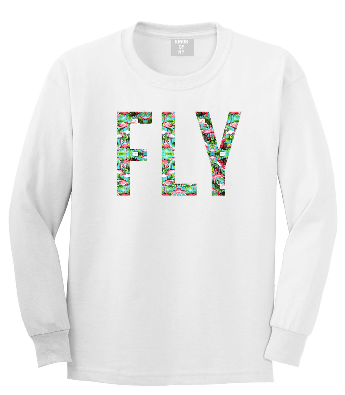 FLY Flamingo Print Summer Wild Society Long Sleeve T-Shirt in White by Kings Of NY