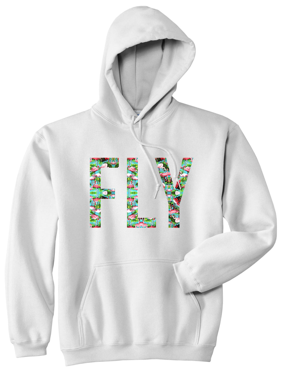 FLY Flamingo Print Summer Wild Society Pullover Hoodie Hoody in White by Kings Of NY