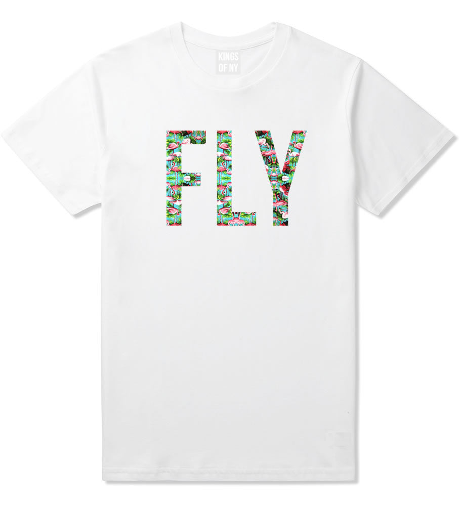 FLY Flamingo Print Summer Wild Society T-Shirt In White by Kings Of NY