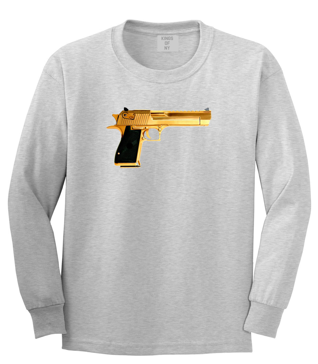 Gold Gun 9mm Revolver Chrome 45 Long Sleeve Boys Kids T-Shirt In Grey by Kings Of NY