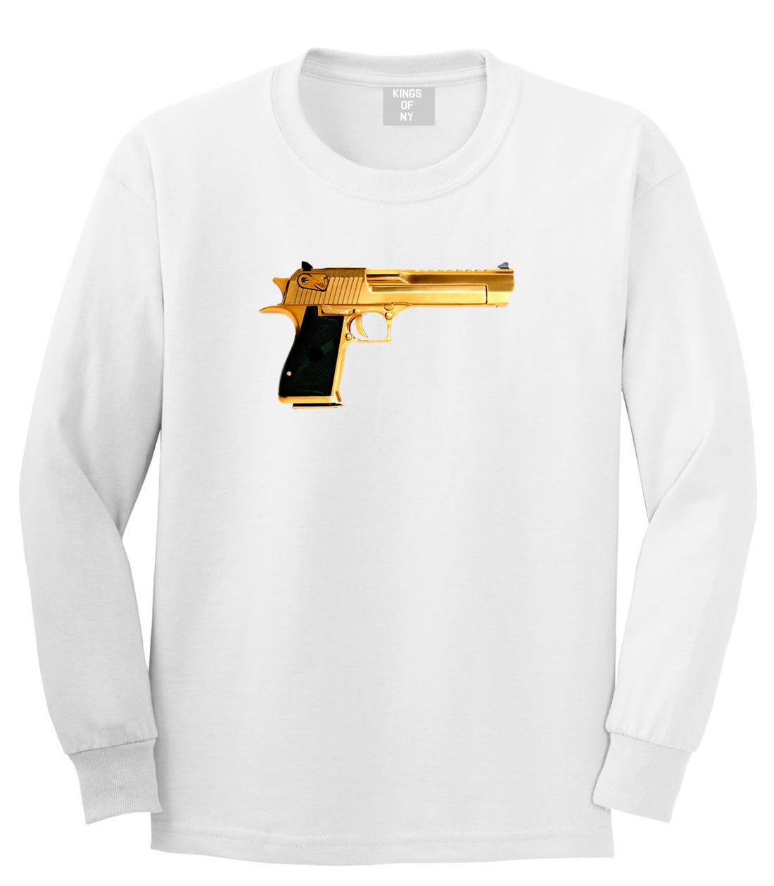 Gold Gun 9mm Revolver Chrome 45 Long Sleeve T-Shirt in White by Kings Of NY