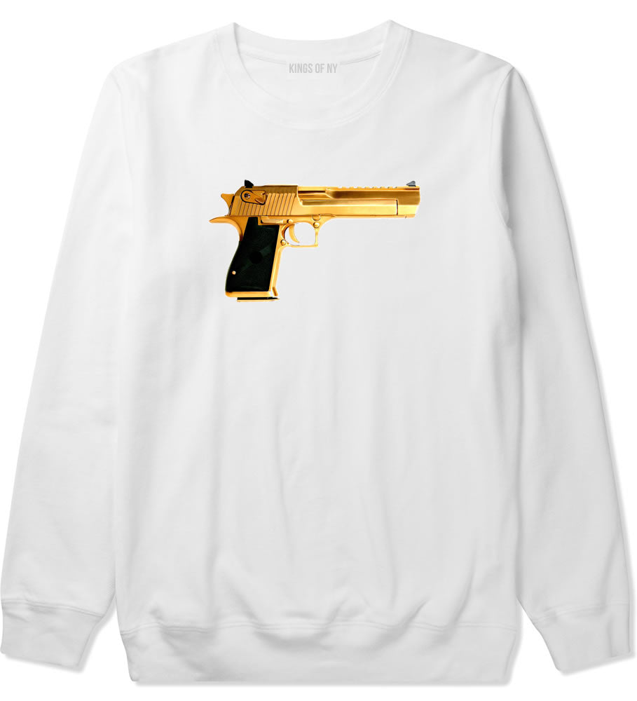 Gold Gun 9mm Revolver Chrome 45 Crewneck Sweatshirt in White by Kings Of NY