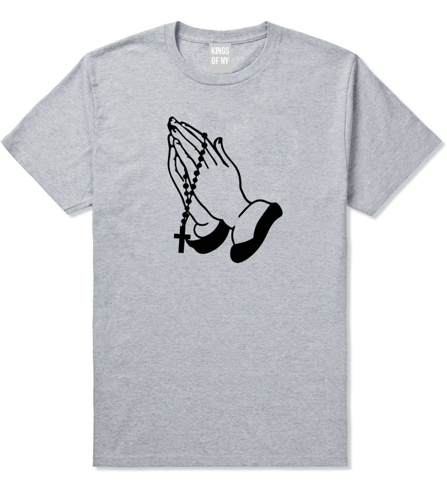 Pray For Them Prayer Hands Rosary T-Shirt in Grey