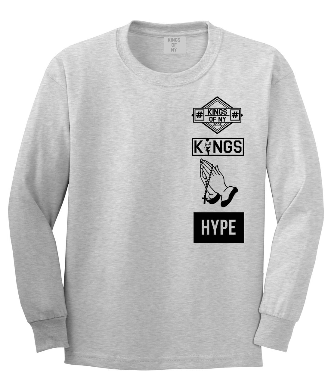 Prayer Hands Hype Left Logos Long Sleeve T-Shirt in Grey By Kings Of NY