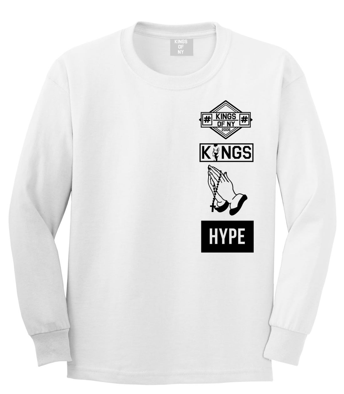 Prayer Hands Hype Left Logos Long Sleeve T-Shirt in White By Kings Of NY