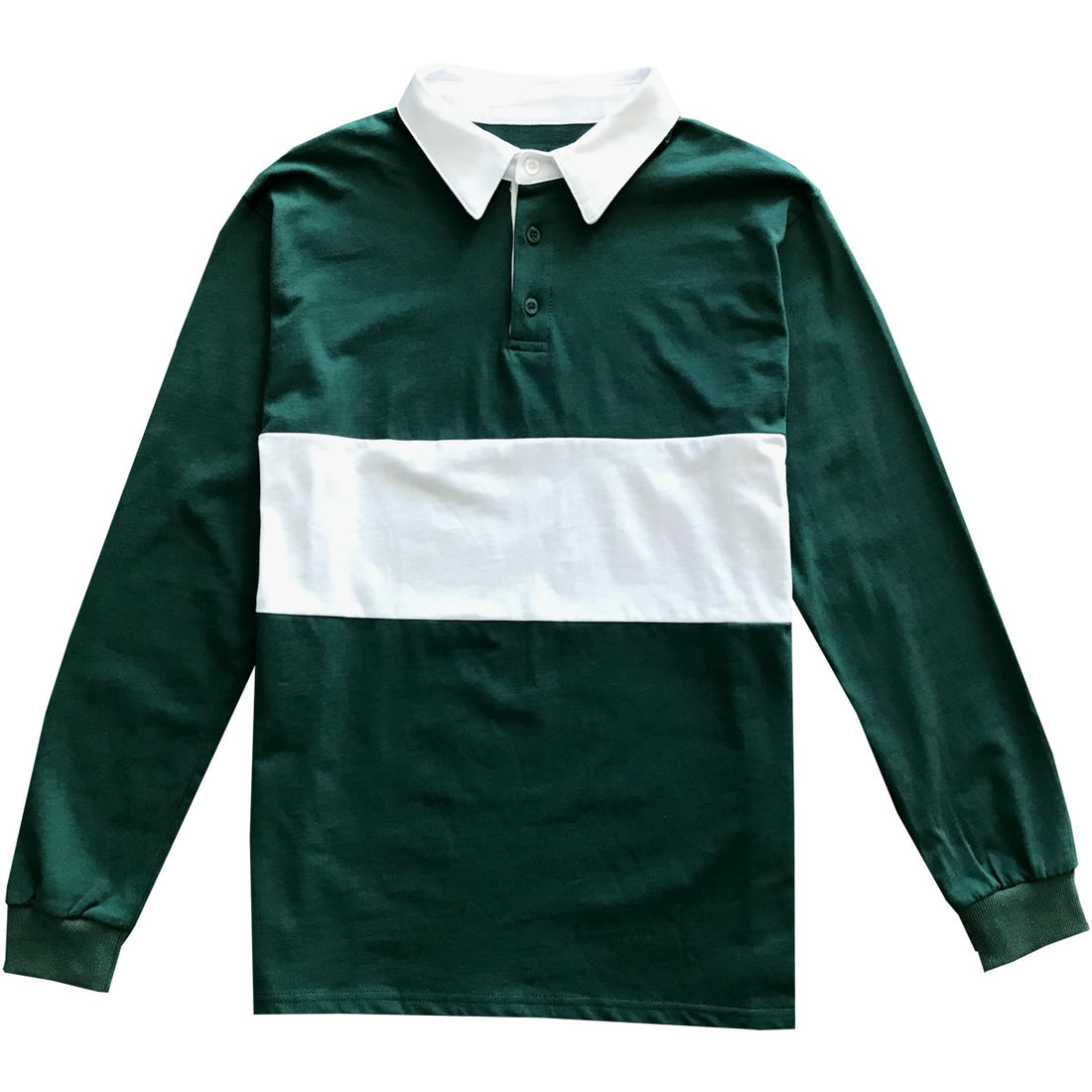 Mens Green and White Striped Long Sleeve Polo Rugby Shirt