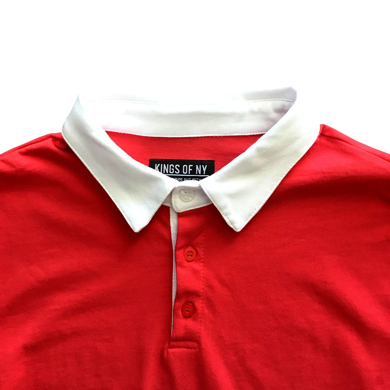 Mens red rugby outlet shirt with white collar