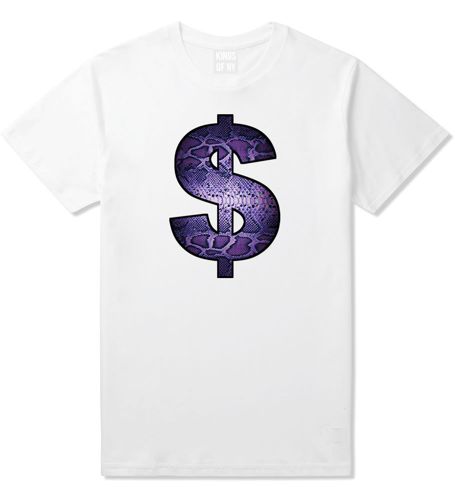 Snakeskin Money Sign Purple Animal Print T-Shirt In White by Kings Of NY