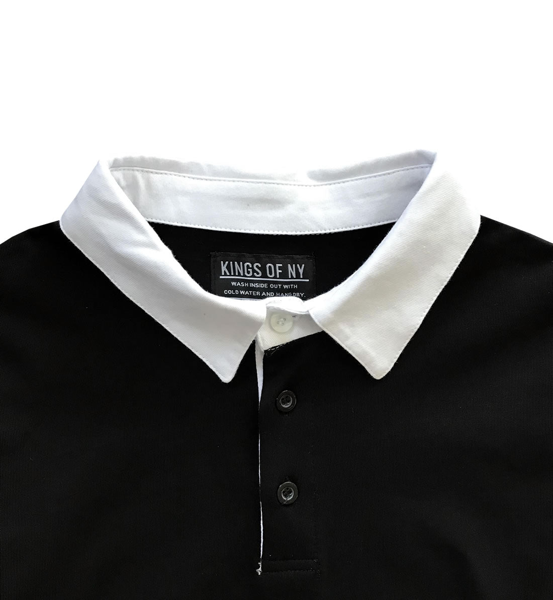 Solid Black with White Collar Mens Long Sleeve Polo Rugby Shirt